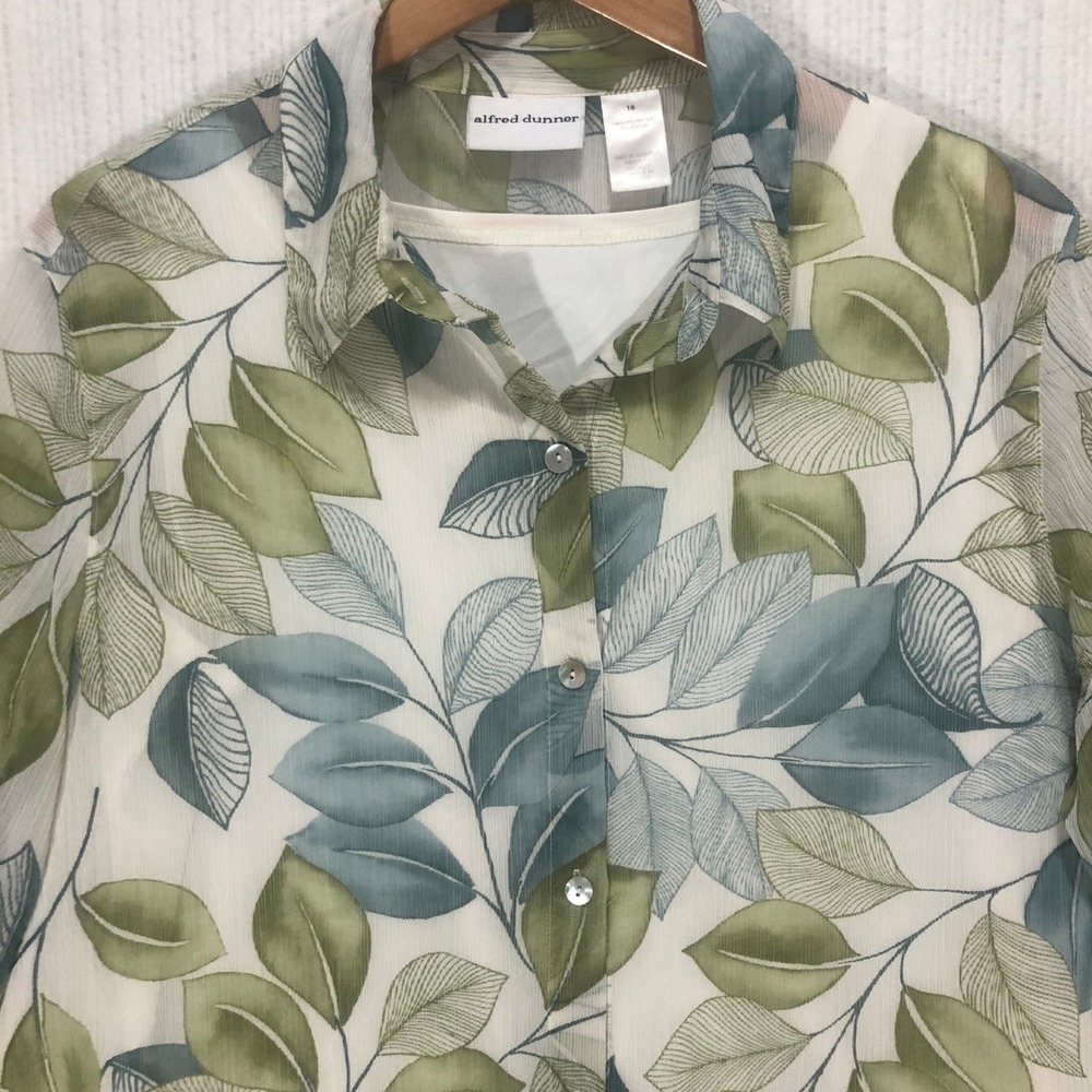 Alfred Dunner Womens 16 Green Blue Leaf Print Button Down 3/4 Sleeve Blouse